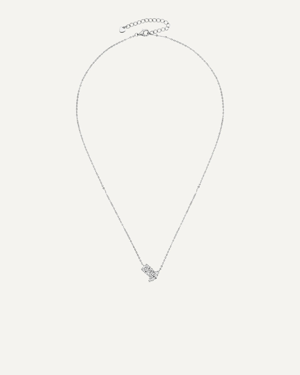 Full silver-tone Elise necklace showing the two-stone pendant, fine chain, clasp and extension.