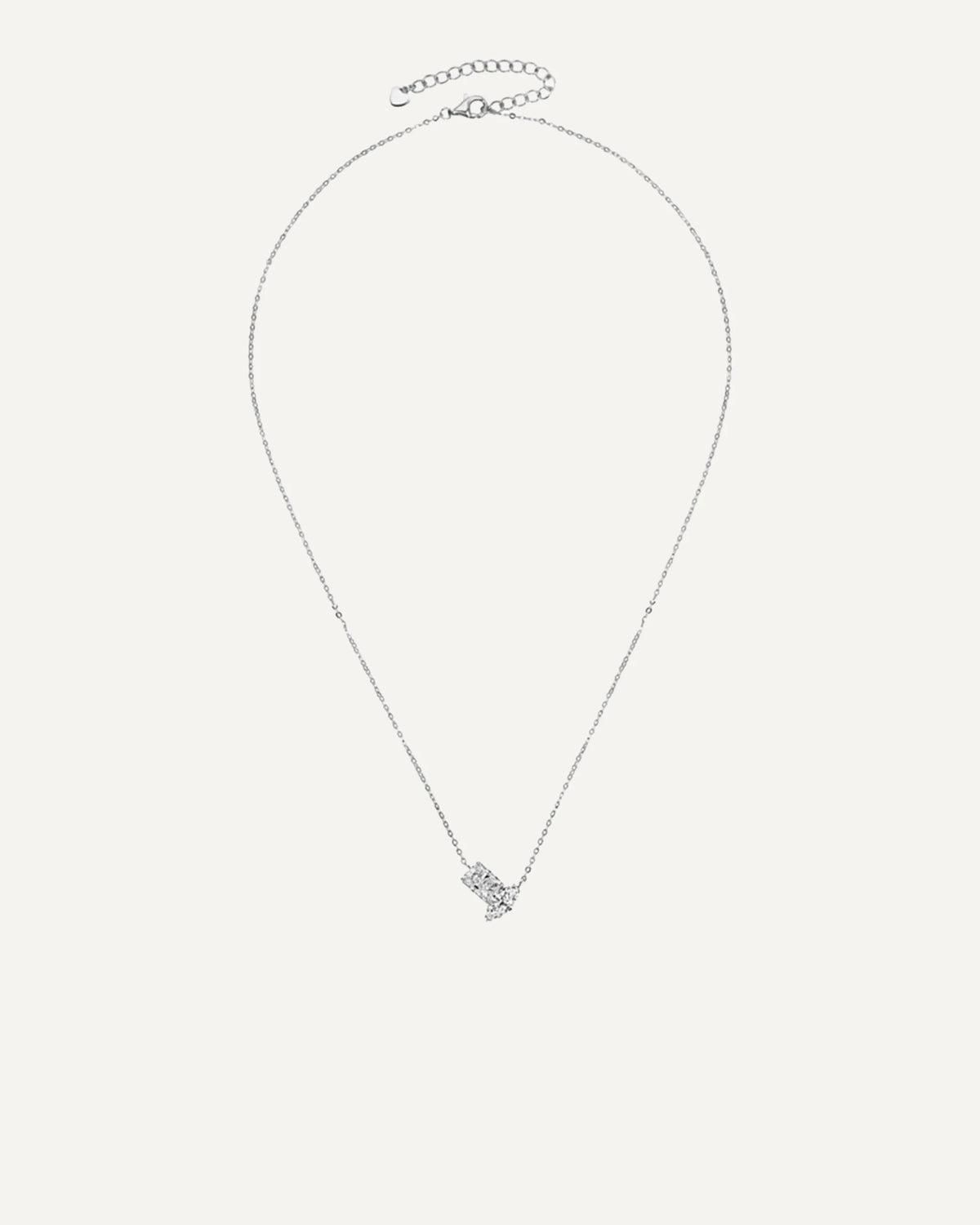 Full silver-tone Elise necklace showing the two-stone pendant, fine chain, clasp and extension.