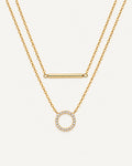 Gold Simone double-layer necklace with a plain horizontal bar above an open moissanite circle
